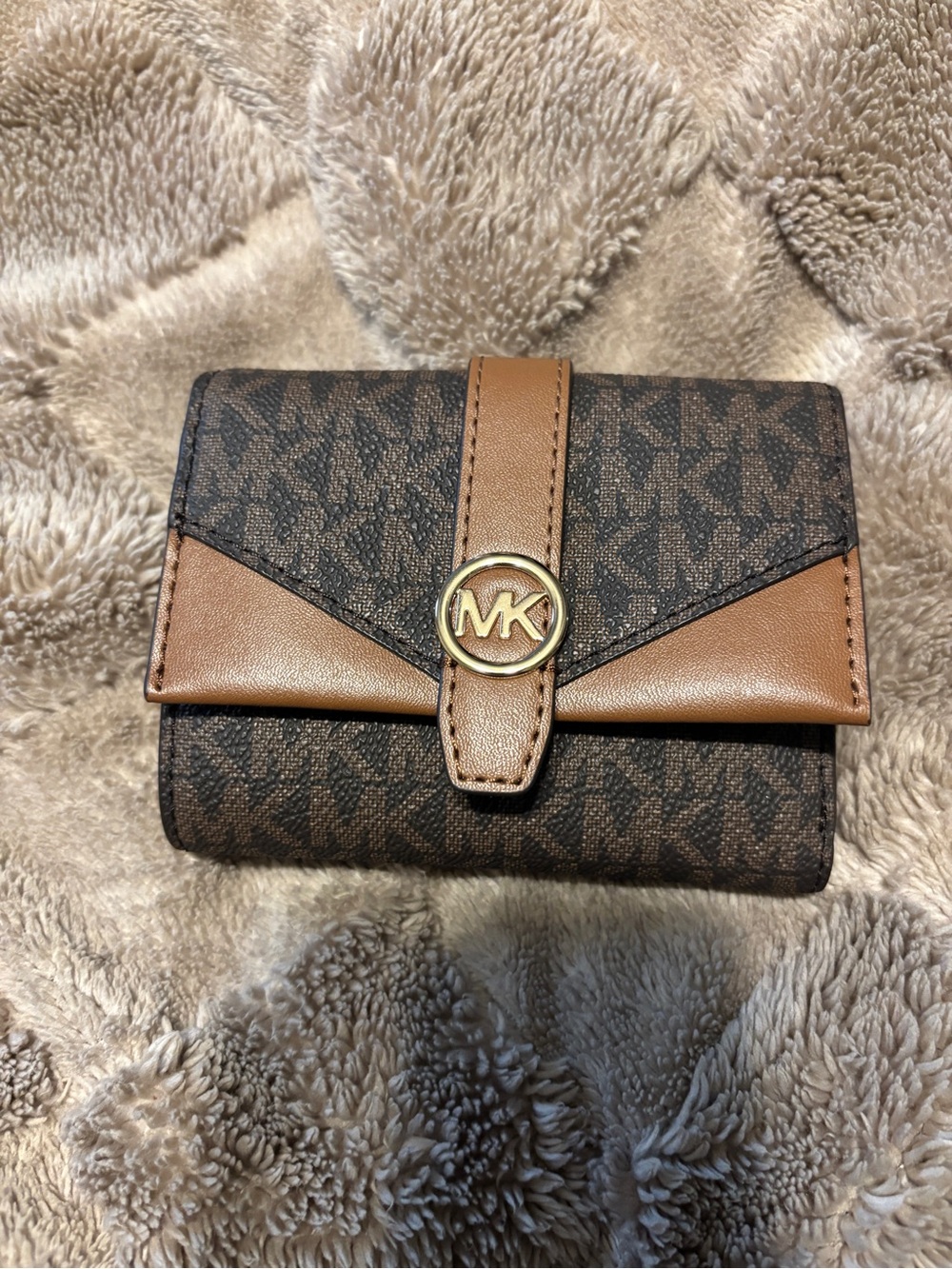 Michael Kors Brown MK Signature Trifold Wallet with Tan Accents